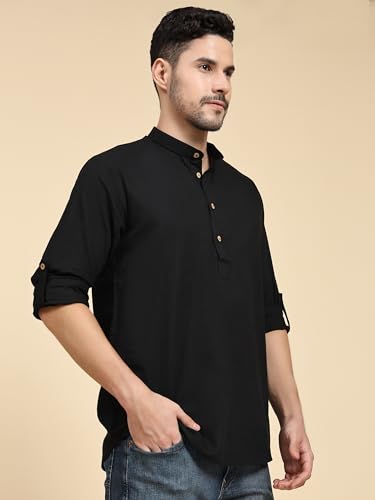 Image of SKAVIJ Men Solid Cotton Long Sleeve Casual Henley Kurta Shirt