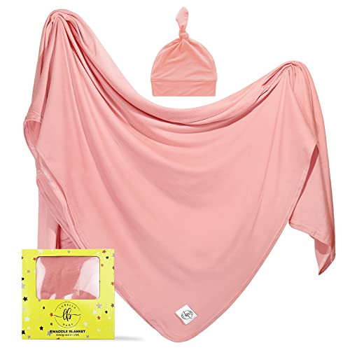 Image of LUBELLA SUPPLY COMPANY Large Stretchy Swaddle Blankets 47" - Newborn Swaddle and Hat Set - Jersey Receiving Baby Blanket for Boys & Girls - Soft Stretch Infant Wrap 0-3 Months (Blush Pink)