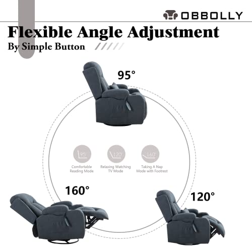 Obbolly Swivel Rocker Recliner Chair With Massage, Manual Glider Rocking Recliner Chair, Wingback Design 360° Swivel Chair With Lumbar Pillow, Cup Holders For Living Room (Blue Grey-Linen, Single) #TOP5