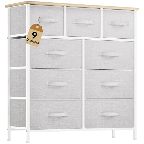 DWVO 9 Drawer Dresser, Light Gray Fabric Storage Tower, Tall Organizer Unit for Room, Living Room, Hallway, Closets - Sturdy Steel Frame, Wooden Top & Easy Pull Bins