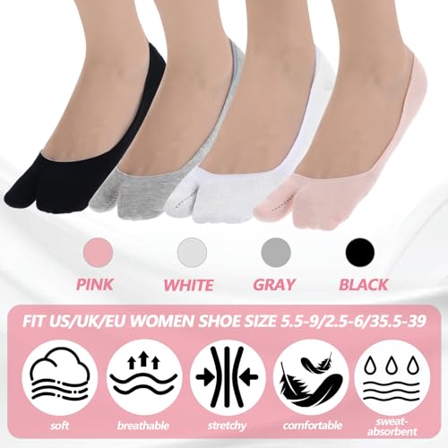 4 Pairs Flip Flop Socks, 4 Colors Tabi Socks, Low Cut Flop Sock, Japanese Toes Separated Sock for Flip-Flop and Geta, Non Slip No Show Stocking for Women and Men (Black, White, Gray, Flesh-Pink)2