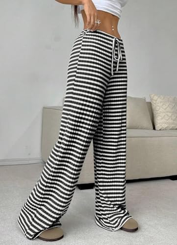 Image of Women's Casual Checkered Pants Drawstring Elastic Waist Comfy Loose Straight Wide Leg Plaid Pants with Pockets