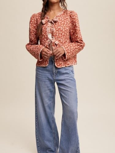 Yinawsky Women's Rust Red Floral Print Quilted Jacket with Bow Tie Front - Cozy and Chic Outerwear for Any Occasion - Image 6