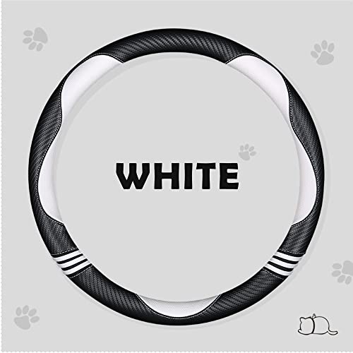 HighnessHwoo Car Steering Wheel Covers for Women Padded Carbon Fiber PU Leather Cute Auto Interior Accessories for Vehicle, Sedan, Universal, Anti Slip, White, Standard Size 14.5-15\"(37-38cm)