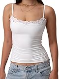 Women's Sexy Square Neck Lace Trim Cami Tank Tops Fitted Sleeveless Crop Spaghetti Strap Summer Y2k Tops Camisole (White, S)