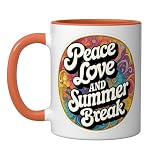 Peace Love And Summer Break Vacation Teacher Student Retro Ceramic Mug, Orange/White