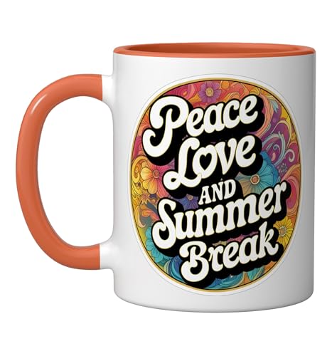 Peace Love And Summer Break Vacation Teacher Student Retro Ceramic Mug, Orange/White