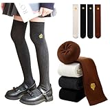 [ZGKULAEAOW] ニーハイソックス キッズ 秋冬用 厚手 裏起毛 スクールハイソックス あったか靴下 ジュニア無地 シンプル 靴下 女の子 ニーハイ 子供 ワンポイント王冠 刺繍 2足セット 冷え対策（JP, アルファベット, Free Size, オフホワイト＋チャコール