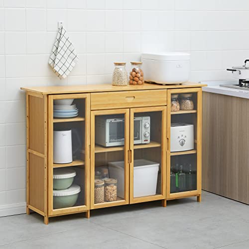 Monibloom 4 Tier Bamboo Sideboard Kitchen Cupboard Buffet Server Console Table Storage Cabinet With Acrylic Doors A Drawer For Dining Room Hallway, Natural #TOP1
