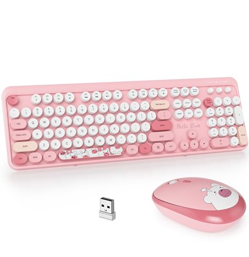 Image of Guffercty kred Gtsp Pink Typewriter Keyboard Wireless Mouse Combo, Cute Keyboard 2.4G Office Full-Sized Retro Keyboard With Round Keycaps For Laptop PC Desktops(Pink)