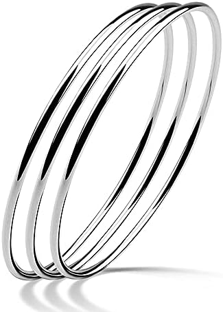 Meilanduo 925 Sterling Silver 2mm High Polished Round Circle Bangle Shiny Minimalist Bangle Bracelet for Women Girls (3Pcs, 68mm for Large Wrists)