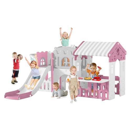 Playground Playsets Outdoor Playhouse 10 in 1 Toddler Slide with Rock Climber with Basketball, Hoop, Storage, playroom Upgraded Pink