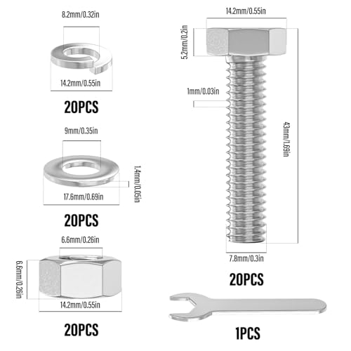 Image of 20PCS 5 /16-18 x 1-1 /2 inch 304 Stainless Steel External Hex Bolt, Fully Threaded Bolt with Nut Flat & Lock Washers and Spanner