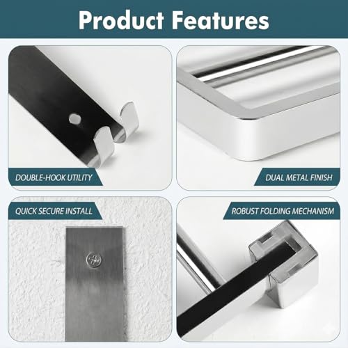 Image of ARQUIN Dual Folding Towel Rack for Bathroom | 304 Grade Stainless Steel Towel Stand for Bathroom | 24 Inch Wall Mounted Dual Folding Towel Holder Shelf | Cloth Hanger for Bathroom Chrome