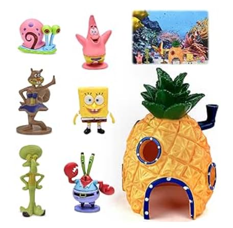 Thapncow 7piezas Pecera Adorno para decoración de Acuario Resina|Spongebob Adornos para Acuario|Decoracion pecera|Spongebob Adorno para Acuario Figure Set, piña para Acuario, Estanque de Peces