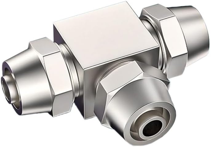 Pneumatic PE Series T-Type Compression Fitting, 4mm-16mm OD Quick Twist Tee Connector, Nickel-Plated Brass Lock Nut Joiner for High Pressure(KL-PE10)