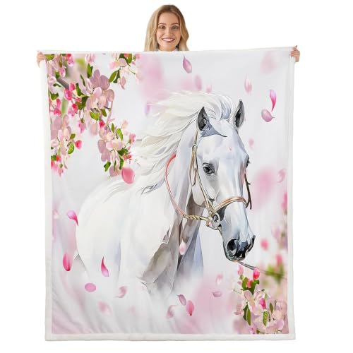Image of Feelyou White Horse Sherpa Throw Blanket 50 inchx60 inch Boys Girls Gift