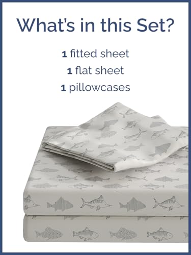 Image of Kids Twin XL Size Gray Fish Bed Sheets - 3 Piece Kids Gray Fish Sheet Set | Gray Fish Themed Bedding, Ultra-Soft, Cute & Cozy, Breathable & Machine Washable, Bed Set for Boys, Girls & Teens, Breathable