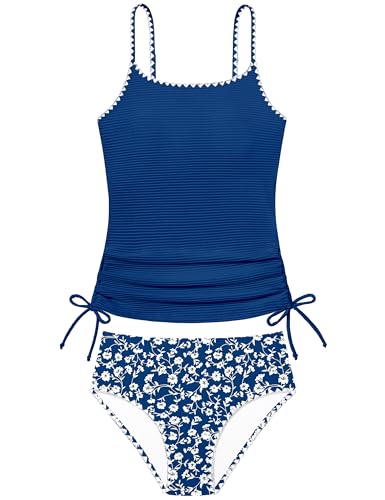 Image of Girls Tankini Swimsuit 2 Piece Set Unique Edge Girl Bathing Suit with Drawstring + Swim Briefs Swimwear Set for 9-16Y