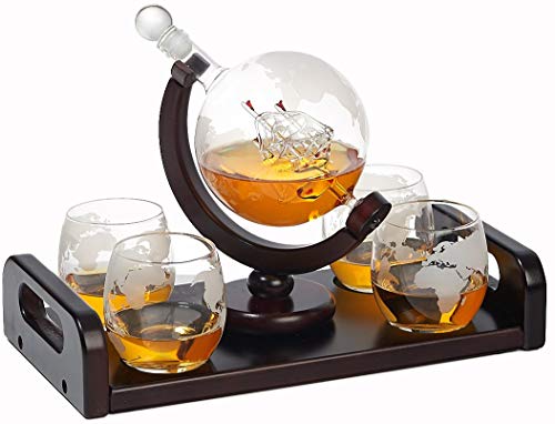 Bezrat Etched Globe Whiskey Decanter Set + 4 Whisky Glasses 10 Oz. on Rich Wood Mahogany Base Tray with 2 Side Handle - Gift Packaging - Antique Ship Whiskey Dispenser for Liquor Scotch Bourbon Vodka