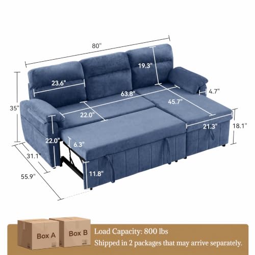 Tbfit 80" Sleeper Sofa Bed, 3 in 1 Cloud Pull Out Sofa Couch with USB & Storage Chaise, Chenille Convertible Sofa Bed with Pull Out Bed, Couches for Living Room, Apartment, Office, Blue - image 8