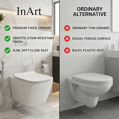 Image of InArt Rimless Wall Hung Western Toilet - Ceramic Commode Toilet with Quick Release Soft Close Toilet Seat, 51x35x34 cm (White) - 10 Years Warranty