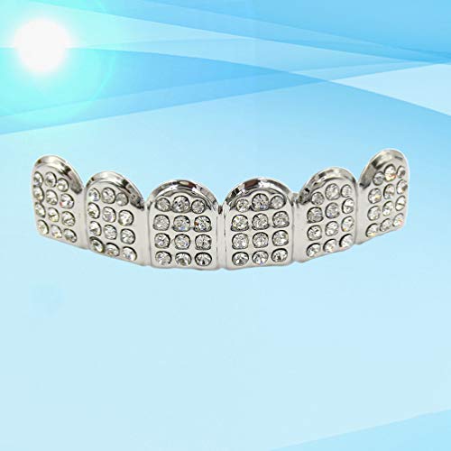 Milisten Silver Rhinestone Teeth For Men Women Hip Hop Poker Diamond Top Bottom Face Grills For Teeth Rapper Costume Cosplay Accessories Upper Tooth #TOP1