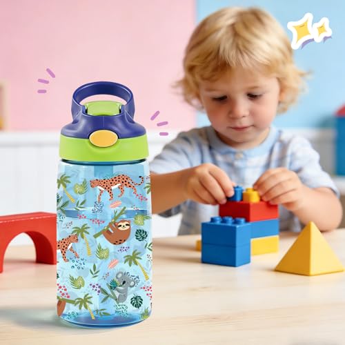 Image of 14oz Sloth Kids Water Bottle with Straw Lid - Koala Water Bottles for Kids, Leakproof, Lightweight, Durable Plastic Bottles for School Travel, Pop-Up Straw Cover, Gift Cup for Boys Girls(Animals)