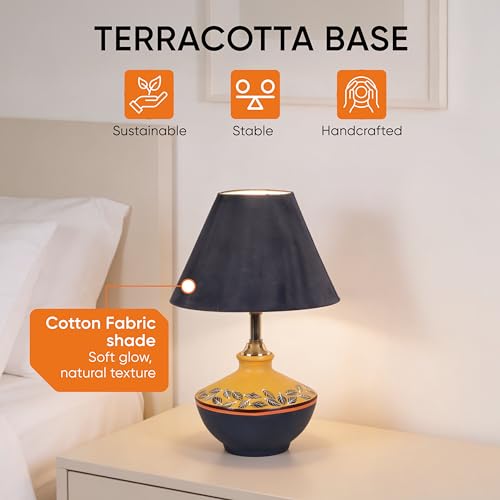 Image of AAKRITI ART CREATIONS Terracotta Table Lamp for Study Room, Bedroom & Living Room Decoration | Floral Dual Tone Contemporary Bedside Lamp with Cotton Fabric Shade | Aesthetic Night Lamp