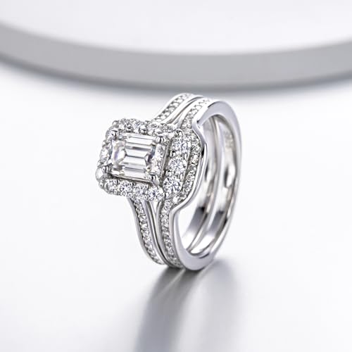 Moissanite Ring Emerald Cut Wedding Sets for Women Halo 1.85cttw (1CT Center Stone) D Color Platinum Plated 925 Sterling Silver2