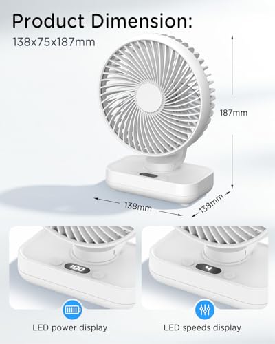 EasyAcc Tischventilator, 4000 Akku Automatischer Oszillierender Kleiner USB Ventilator, Tragbarer Aufladbar Basis Ventilatoren mit 4 Geschwindigkeiten für Camp,Büro, Bibliothek und Zuhause - Weiß 6