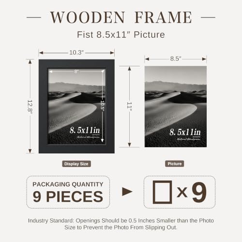 Image of VCK 8.5x11 Picture Frame Set of 9, Black Wood 8.5 x 11 Photo Frames for Wall Mounting Horizontally & Vertically