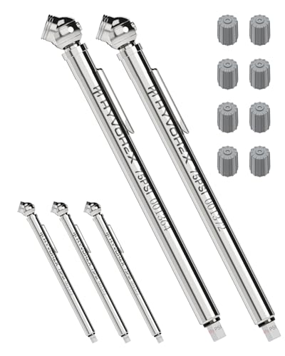 Pencil Tire Pressure Gauge 5 Pack with Valve Caps, Stainless Steel Body Tire Gauges for Tire Pressure with Deflator Valve, Metal Nozzle Tire Gauge for Cars, Pickups, RVs, Bicycles