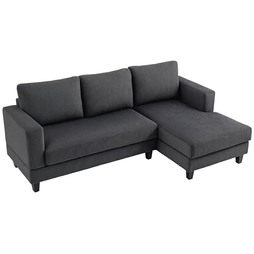 HOMCOM Ecksofa Couch mit Chaiselongue 3 Sitzer Sofa L Form Gepolsterte Eckcouch mit Cord-Optik, Hochdichtem Schaumstoff, bis 400 kg, für Wohnzimmer, Schlafzimmer, 214 x 134 x 87 cm Dunkelgrau