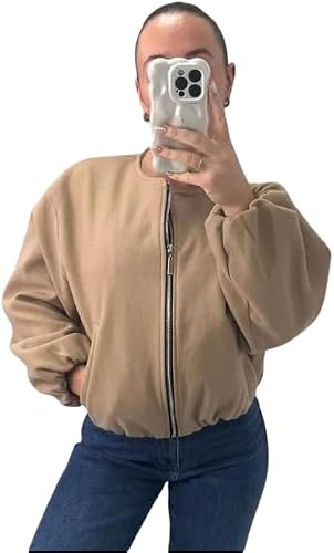 Image of Pretty Attitude Women’s Classic Plain Bomber Zipper Jacket, Ladies Balloon Sleeve Elegant Full Zip Lightweight Winter Warm Short Coats (UK, Numeric, 8, 10, Regular, Regular, Beige)