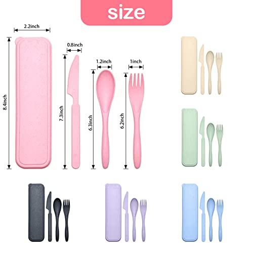 Reusable Travel Utensils Set with Case, 6 Sets Wheat Straw Portable Knife Fork Spoons Cutlery, Eco-Friendly BPA Free Plastic Tableware for Kids Adults Travel Picnic Camping Utensils - Image 4