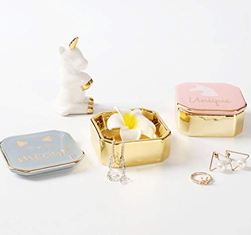 Ceramic Small Travel Jewelry Box, Cute Gold Plated Jewelry Case Storage Organizer For Ring, Necklace, Bracelet(Bule) #TOP1