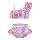 One Shoulder Bikinis for Little Girls Pink Mermaid Swimsuits Metallic Ruffles Bathing Suits Swimwear,4t 5t