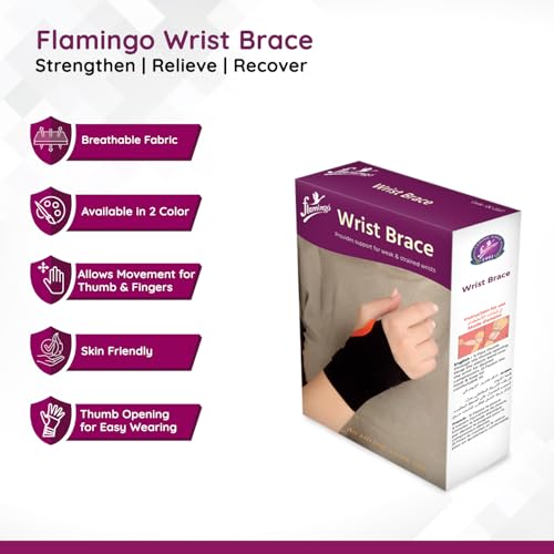 Image of Flamingo Cotton Wrist Support Brace With Thumb Loop | Pain Relief Carpal Tunnel Splint Wrap | Wrist Support For Sports Injuries, Fracture Support And Thumb Support | Black, Universal