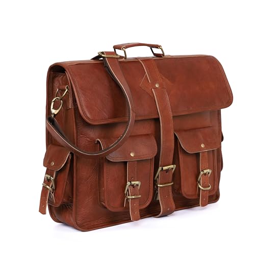 Vintage Leather Laptop Bag for Men - Full Grain Large Messenger Bag 18 Inches With Rustic Look - Best Brown Briefcase