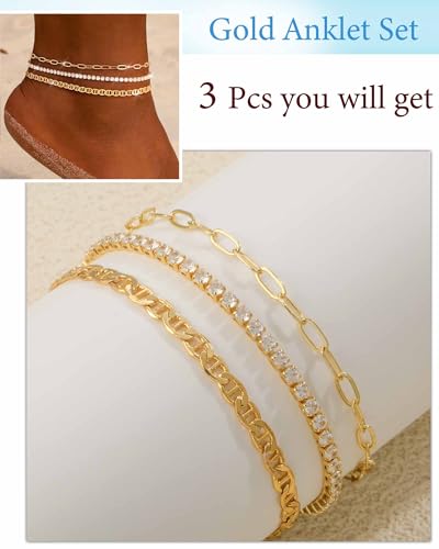 Image of ZHESHY Gold Silver Ankle Bracelets for Women 14K Gold Plated Anklets for Women Waterproof Cuban Link Heart Chain Anklets Set Non Tarnish Dainty Layered Anklet Bracelets for Women Summer Beach Jewelry