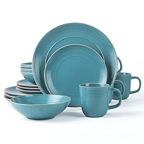 Arora Ringar Round Stoneware 16Pc Dinnerware Set Of 4, Dinner Plates, Side Plates, Cereal Bowls, Mugs - Speckle Matte Turquoise (428693) #TOP11