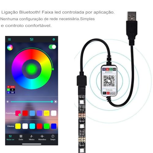 Fita de Led RGB 5050 Rolo de 3 ou 5 Metros Alto colante com bluetooth e Fonte USB com Controle via A
