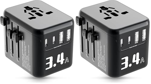 Alyvisun Adaptador Enchufe Universal, con 2 Puertos USB-C y 2 USB-A, 5V 3,4A/17W Adaptador de Viaje Todo en uno con Doble Fusible de 10A, Accesorios Viaje la UE, EE.UU., Reino Unido, Australia, etc