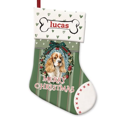 GABSHAIM Spaniel Cocker Dog Wreath Green Christmas Stockings Bow Hearts Custom Xmas Hanging Stockings for Home Fireplace Party Decor 14 Inch