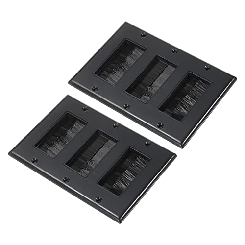 PATIKIL Brush Wall Plate Decoration Wall Panel Cable Pass Through Three Gang 163mmx114mm Black for Low-Voltage Cables Pack of 2