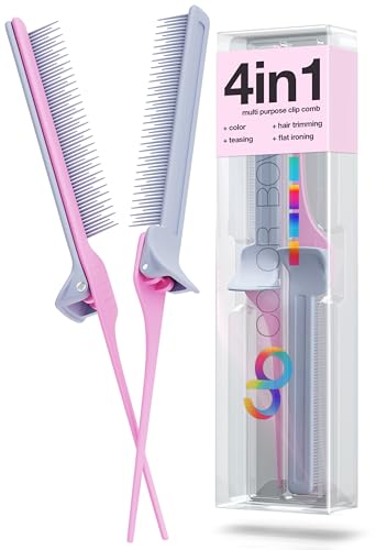 COLORBOW ColorBow Rat Tail Teasing Clip Comb (2 Pack) Hair Straightener Comb - Flat Iron Comb - Straightening Comb - Hair Coloring Pink / Gray
