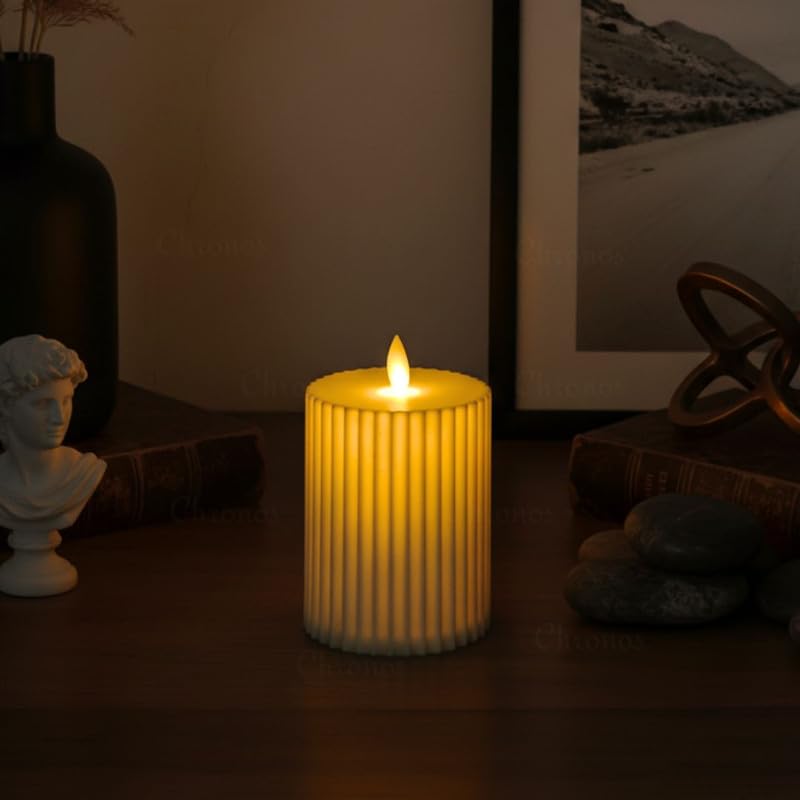 Chronos Pleated Ivory LED Moving Wick Pillar Candle | 4 Inch | White Flameless Decorative Candle with Warm Light | Battery Operated | Home Decor Smokeless Safe Candle for Diwali Christmas Wedding-image-8