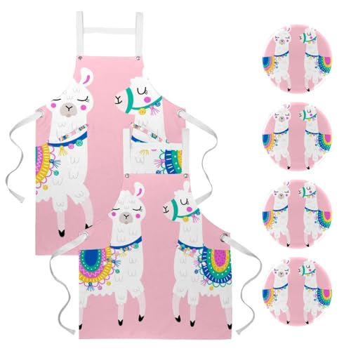Lot de 2 tabliers de cuisine lama rose et multicolore de grande taille