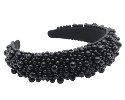 scicent Black Headband Faux Pearl Head Bands Wide Thick Hairbands Beaded Elegant Hair Hoop Styling Accessories for Women Girls 16801 - Image 2